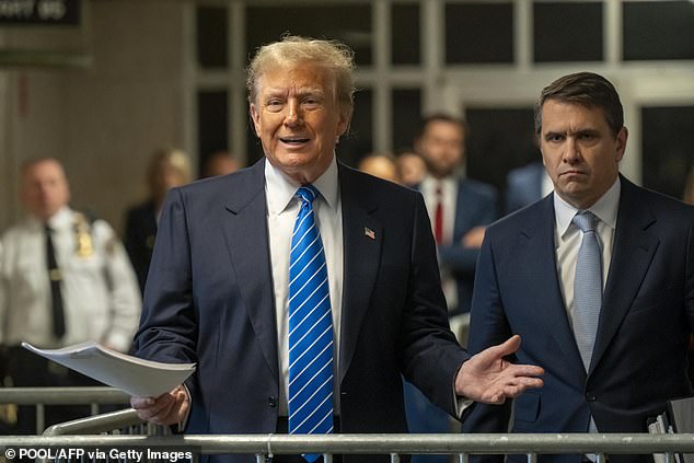 Former President Donald Trump speaks to reporters before leaving Manhattan Criminal Court on May 13, 2024.