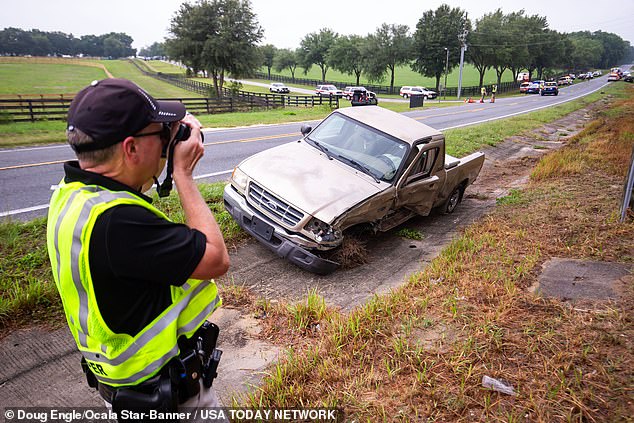 It is unclear what caused the crash, although aerial footage showed a crumpled gray pickup truck also involved in the incident.