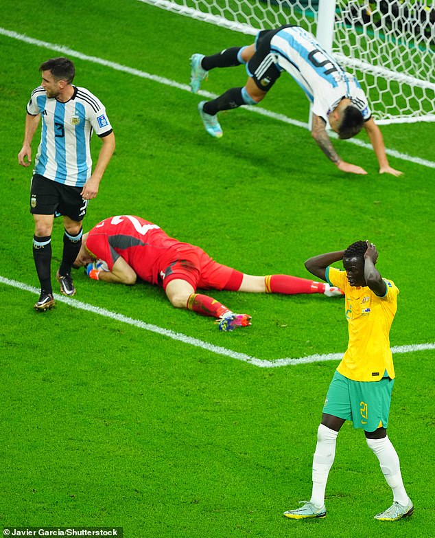 Garang Kuol narrowly missed a goal that would have tied the Socceroos against Argentina in last year's World Cup (pictured)