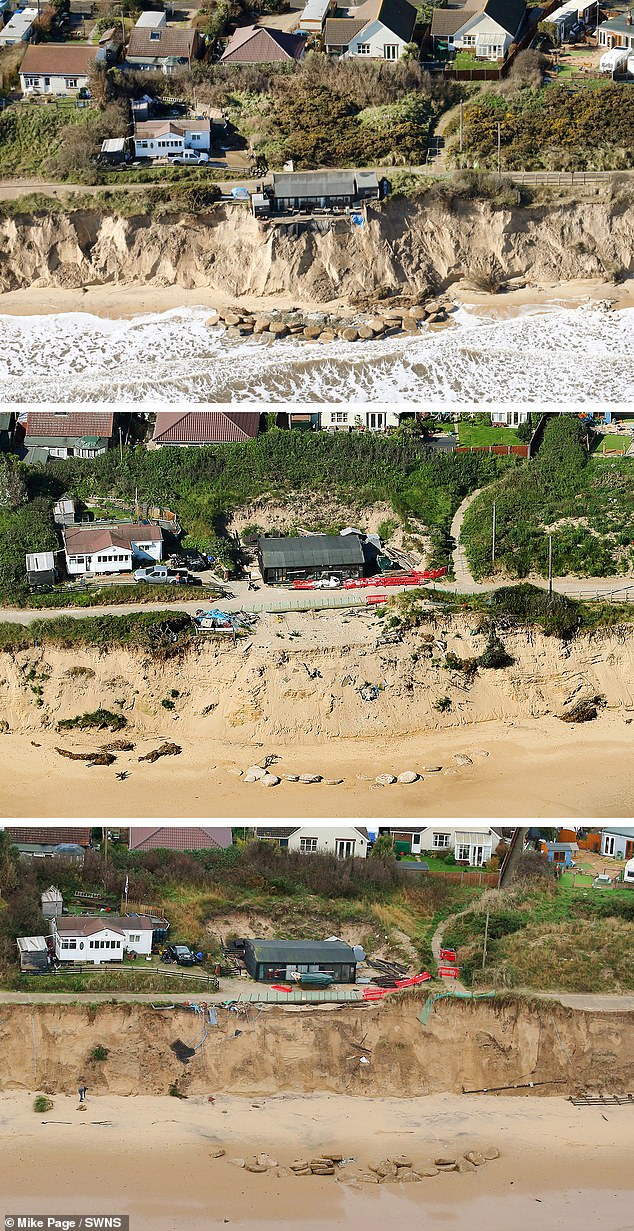 Mr Martin's house was on the edge of the cliff in March 2023 (top) before he moved it back in August 2023 (centre). The land on which the house was originally built fell into the sea in November 2023 (below)