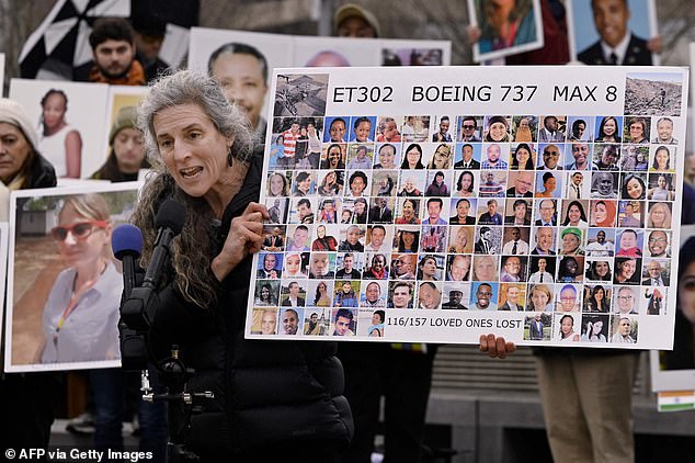 Nadia Milleron, whose daughter Samya Stuno died in the Boeing 737 MAX crash in Ethiopia on March 10, 2019, speaks during a memorial protest outside the Boeing offices in Arlington, Virginia, on March 10, 2023.