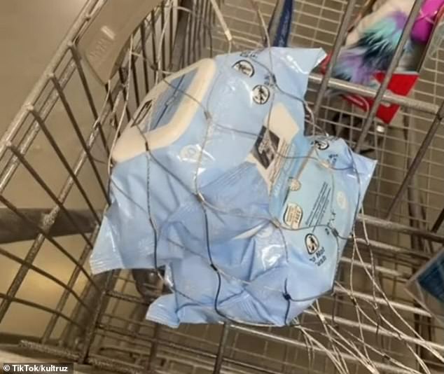 The makeup remover wipes that a shopper put in her cart at Walmart are encased in metal wire to prevent theft.