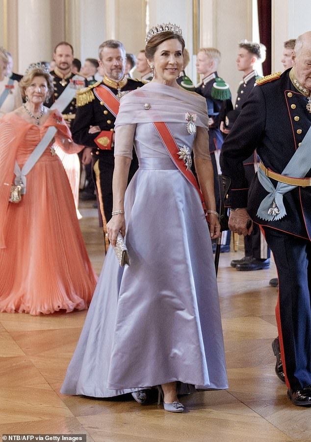 As a nod to Mary and Frederick's wedding anniversary, the queen opted for a dress by Birgit Hallstein, the same Danish designer behind her iconic 2004 wedding dress.