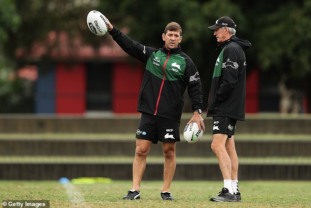 Bennett's assistant when he was at Souths, Jason Demetriou (pictured together) was sacked by the club last month after leading the Bunnies to the bottom of the table.