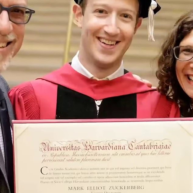 Another image shows Zuckerberg at his Harvard graduation while holding his diploma.