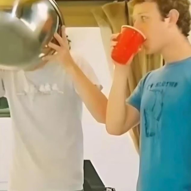 Another image shows Zuckerberg (right) with a friend while drinking from a red plastic cup.