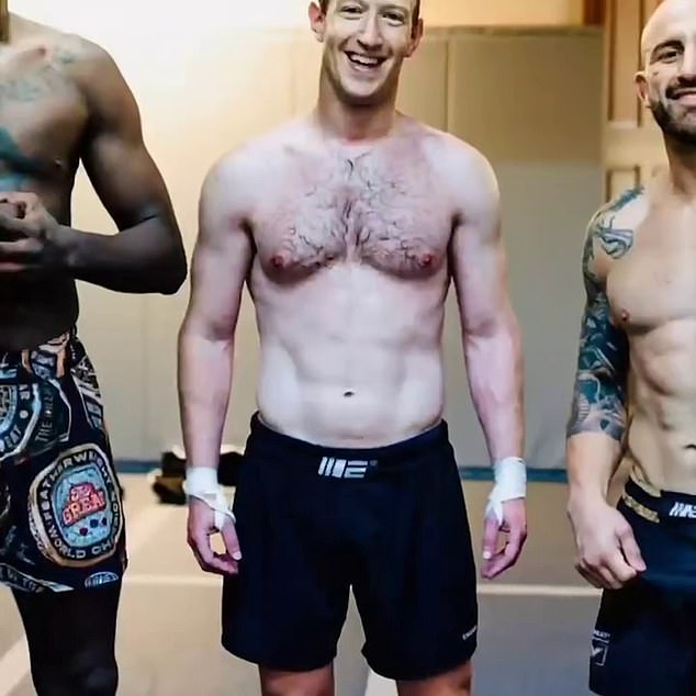 Another image shows a shirtless Zuckerberg next to two MMA fighters.