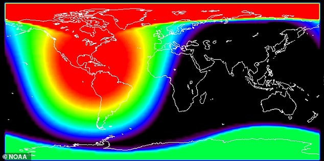 Communications outages were reported in North and South America around 12:51 ET, as shown here in the red regions near the pole and in America.