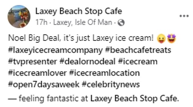 Eagle-eyed fans couldn't help but notice her quirky fashion choice as she posed for a photo with the owners of Laxey Beach Stop Cafe.