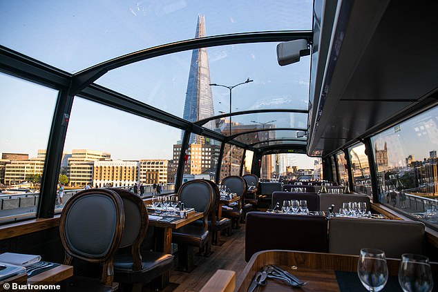 The upper deck has space for 38 diners in table configurations of two to eight and features a transparent glass roof.