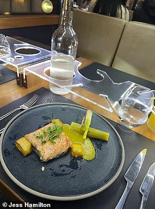 In the photo, grilled salmon served with leek and potato veloute.