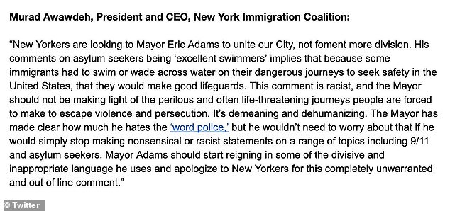 The New York Immigration Coalition said the mayor's comments were dehumanizing and divisive.