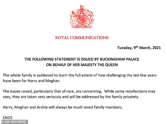 The famous statement issued by Buckingham Palace after the interview with Oprah in March 2021