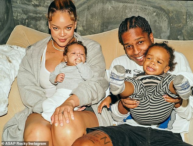 Engaging his 18.5 million followers, the proud father, 35, gushed: 'HAPPIEST BIRTHDAY 2 MY FIRST BABY BORN RZA ¿¿', seen with Rihanna and their baby Riot.