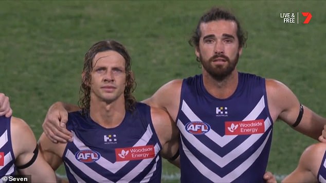 McCarthy's former Dockers teammates Nat Fyfe and Alex Pearce were overcome with emotion during a tribute to the football star ahead of the clash with the Swans on May 10.