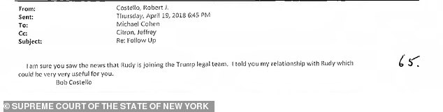 Attorney Robert Costello touted his access to Rudy Giuliani when he raised Michael Cohen as a potential client.