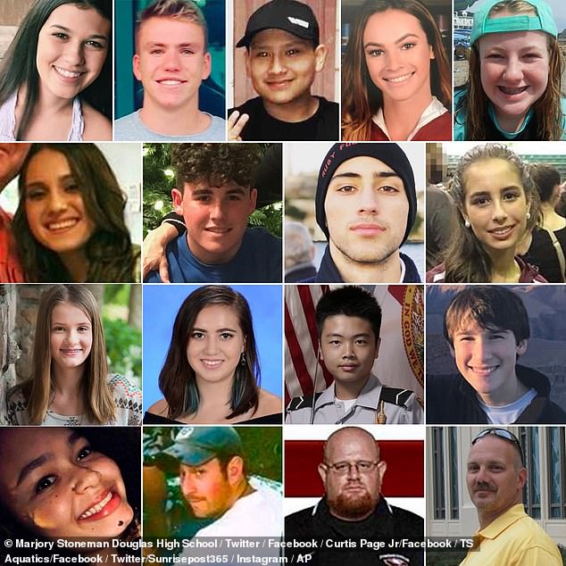 A total of 17 people died in the shooting. Pictured from left to right: Jaime Gutenberg, Nicholas Dworet, Martin Duque, Meadow Pollack, Cara Loughran; Alyssa Alhadeff, Luke Hoyer, Joaquín Oliver, Gina Montalto; Alaina Petty, Carmen Schentrup, Peter Wang, Alex Schachter; Helena Ramsey, Scott Beigel, Aaron Feis, Chris Hixon