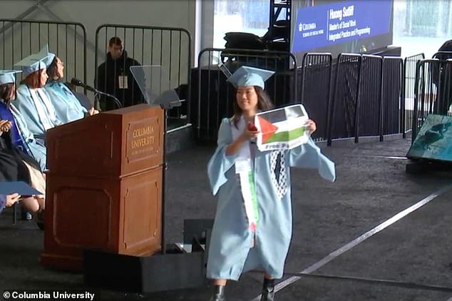 Other students brandished the Palestinian flag in a show of solidarity with Gaza civilians.