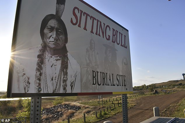 A banner is seen for Sitting Bull's burial site on the Standing Rock Sioux Reservation.