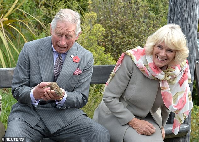 Charles hilariously reacts after a large lizard lands on his pants during a visit to the Orokonui ecological sanctuary with Camilla in New Zealand, 2015.