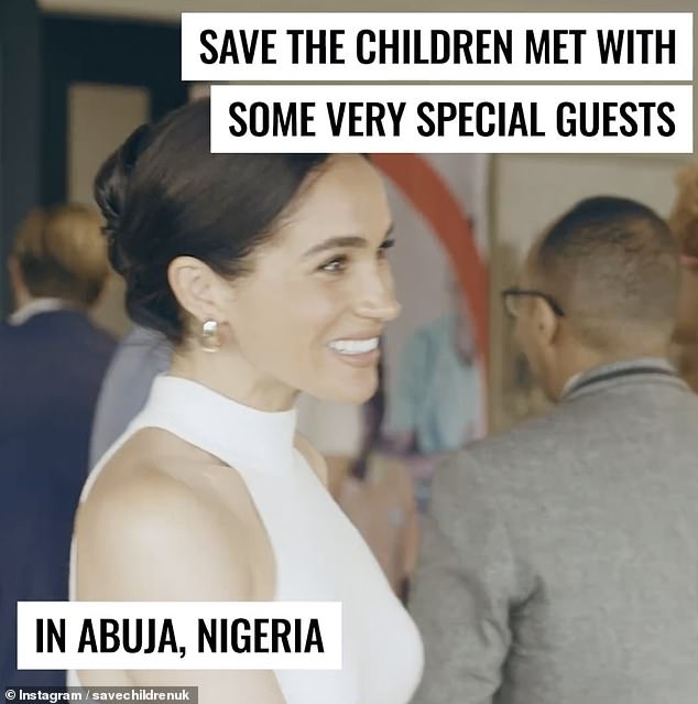 Meghan was beaming as she met Save the Children charity workers in Abuja.