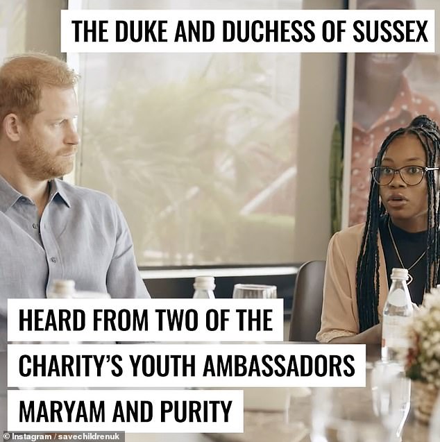 Prince Harry listens as Save the Children's youth ambassador Purity speaks about the issues facing Nigeria