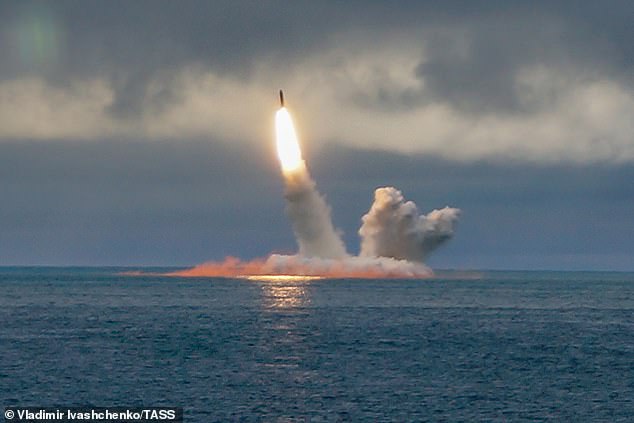 Borei K-535 Yuri Dolgoruky-class nuclear submarine launches RSM-56 Bulava ballistic missile in the Barents Sea