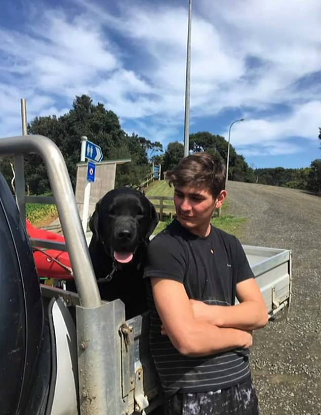 Several of the images shown to those attending Brody's funeral showed the 22-year-old with his beloved dog (pictured).