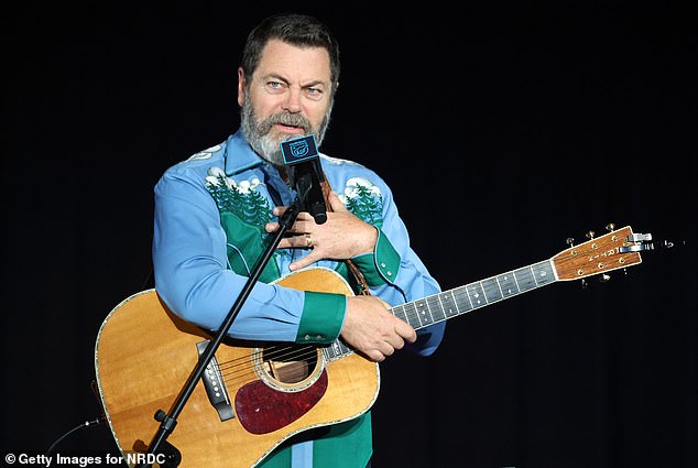 Offerman speaks on stage at Netflix Is A Joke Fest Presents Nick Offerman & Friends Vs Climate Crisis at the Wilshire Ebell Theater on May 9 in Los Angeles