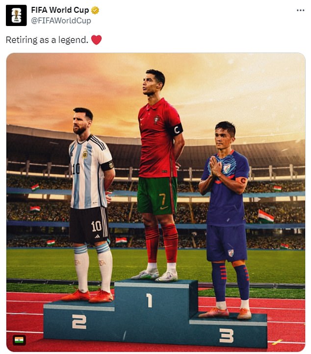 The World Cup account shared the podium with him, Lionel Messi and Cristiano Ronaldo