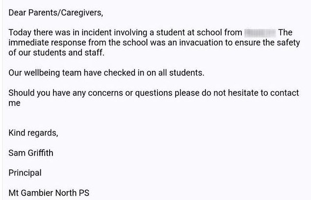 School principal Sam Griffiths sent an email (pictured) to parents about the incident.