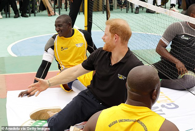 Prince Harry, Duke of Sussex, attends a sitting volleyball exhibition match at Nigeria Unconquered, a community charity dedicated to helping wounded, injured or ill service members, as part of the Invictus Games anniversary celebrations in Abuja , Nigeria, on May 11. 2024