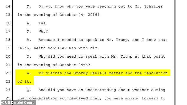 On Monday, Cohen said that a call was made to Trump on October 24, through Keith Schiller, to discuss the 