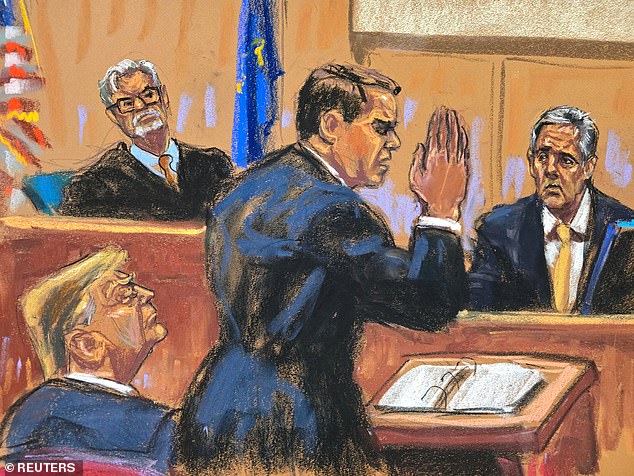 But in an explosive moment, defense attorney Todd Blanche (center of this sketch) presented details of text messages that suggested the call was about a 14-year-old making pranks.