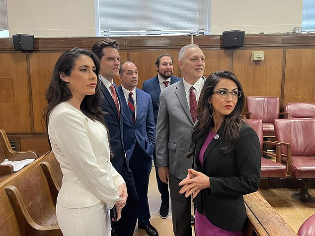 Trump was again joined by allies on Capitol Hill. Here, posing for a photo in another Manhattan criminal courtroom, are: Representatives Anna Paulina Luna, Matt Gaetz, Bob Good, Eli Crane, Andy Biggs, Lauren Boebert.