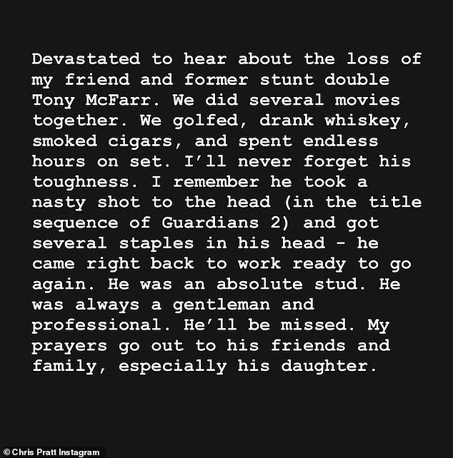 Pratt, 44, took to his Instagram Stories to pen a message for McFarr and reflect on their 'endless hours on set' together.