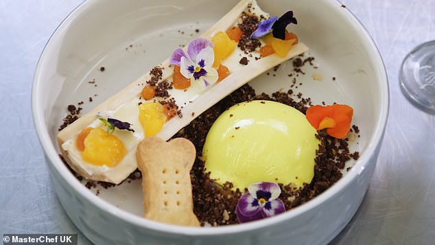 Their 'dog dinner' consisted of a bone marrow panna cotta placed on a dog bone, whiskey-poached peaches, a tennis ball of rosemary panna cotta buried in a nutty chocolate soil, shortbread cookies shaped like dog treat and blackberry sauce.