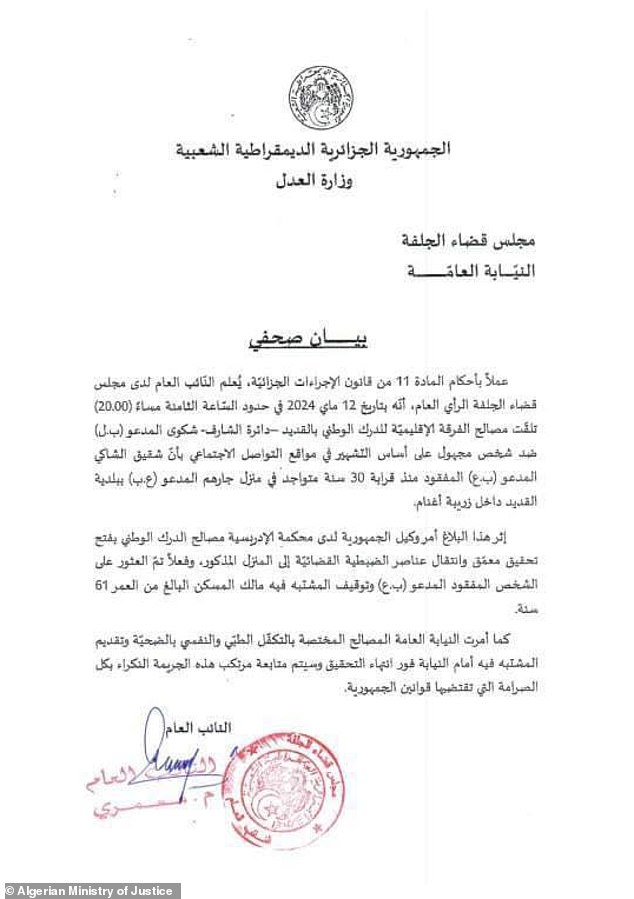 A statement issued by the Algerian Ministry of Justice (pictured) promised that Omar would receive psychological care and promised that the perpetrator would be tried fairly. 