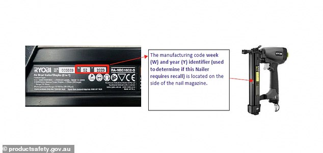 Affected products will display a date code on the side of the nail charger between week (W) 43 and year (Y) 2021 through week (W) 9 and year (Y) 2024.