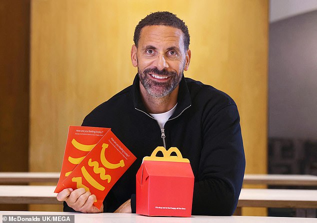 McDonalds UK has removed the iconic smiley face from its Happy Meal boxes for its Mental Health Awareness Week campaign, which sees footballer Rio Ferdinand (pictured) draw on his experience as a father of five.