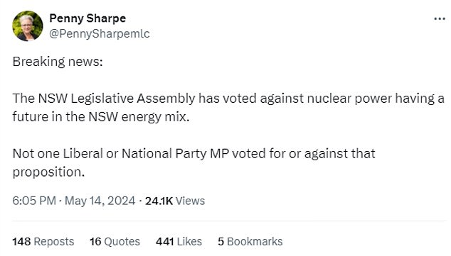 New South Wales Environment Minister Penny Sharpe tweeted about a lower house vote to ban nuclear power in the state.