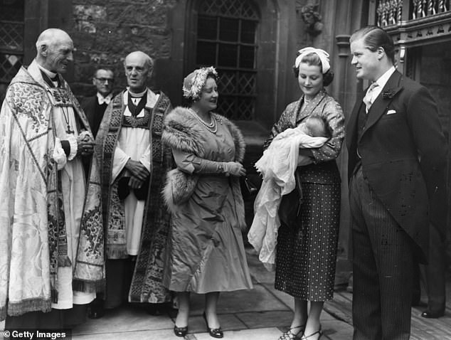 Earl Spencer and his first wife with Queen Elizabeth, the Queen Mother, at Westminster Abbey after the christening of their daughter Sarah, 1955