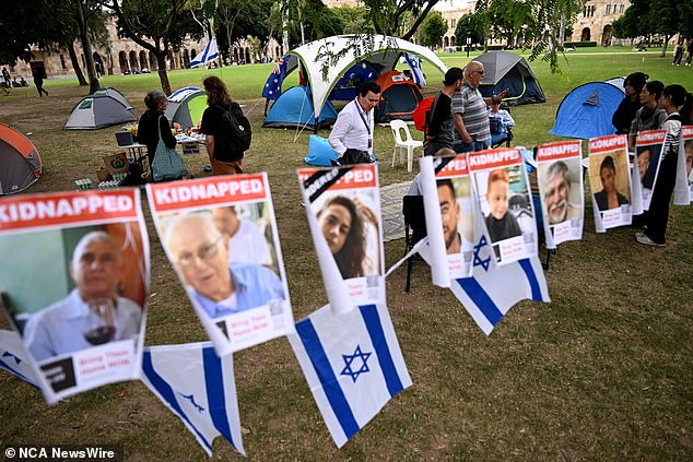 Tensions continue to rise between rival pro-Palestinian and pro-Israeli camps that have set up shop on the main campus of the University of Queensland (pictured).