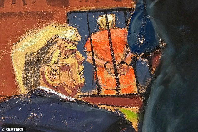 A sketch of Donald Trump in court as Michael Cohen is questioned by Trump's lawyer Todd Blanche on Tuesday in the hush money case.