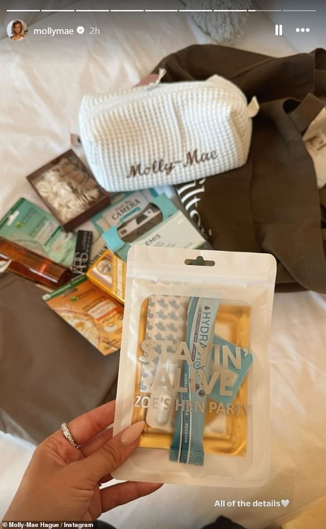 She had also prepared branded hangover packs for the girls containing rehydration sachets as well as beauty bags.