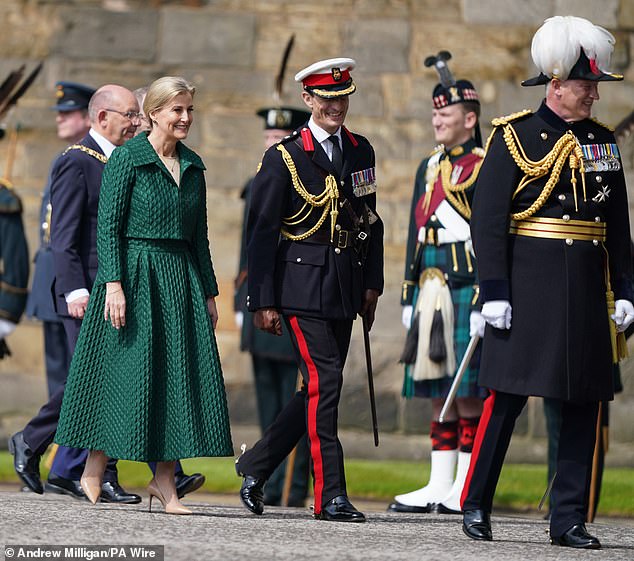 Sophie opted for a bright green dress as she attended the ceremony at the Palace of Holyroodhouse.