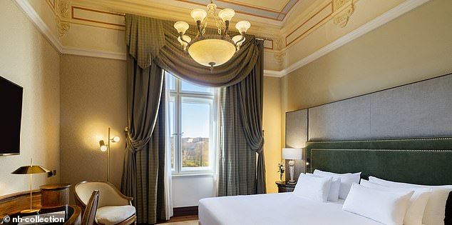 The lobby, upper part and a bedroom of one of the hotels Jules stays in: the NH Collection Prague Carlo IV, which was formerly a 19th-century bank.