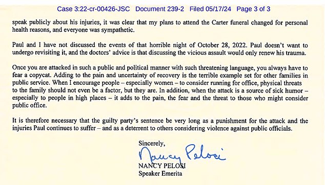 In her letter, Nancy Pelosi asks for a 'very long punishment' for the savage attack that left her husband permanently injured