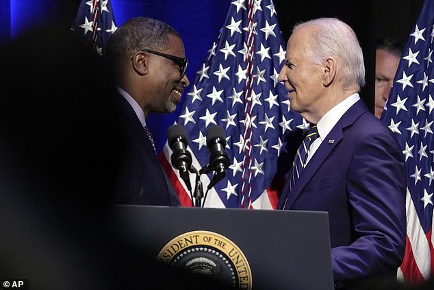 NAACP President and CEO Derrick Johnson, left, greets President Joe Biden