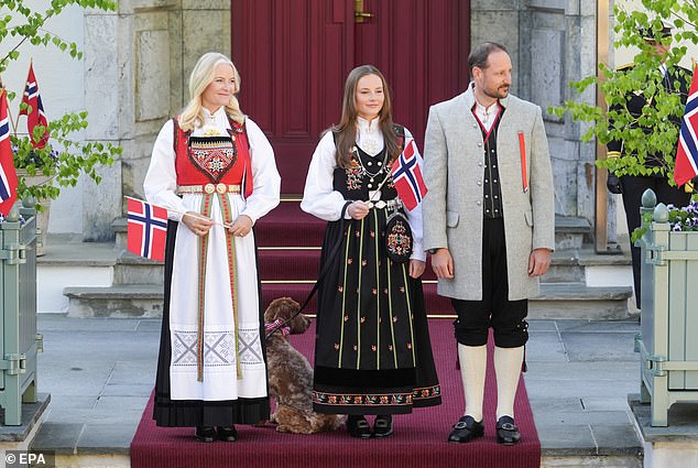 Prince Haakon chose to wear a men's bunad suit; Traditional Norwegian costumes with knee-high socks and white shirts, as well as touches of red, feature prominently on the country's flag.